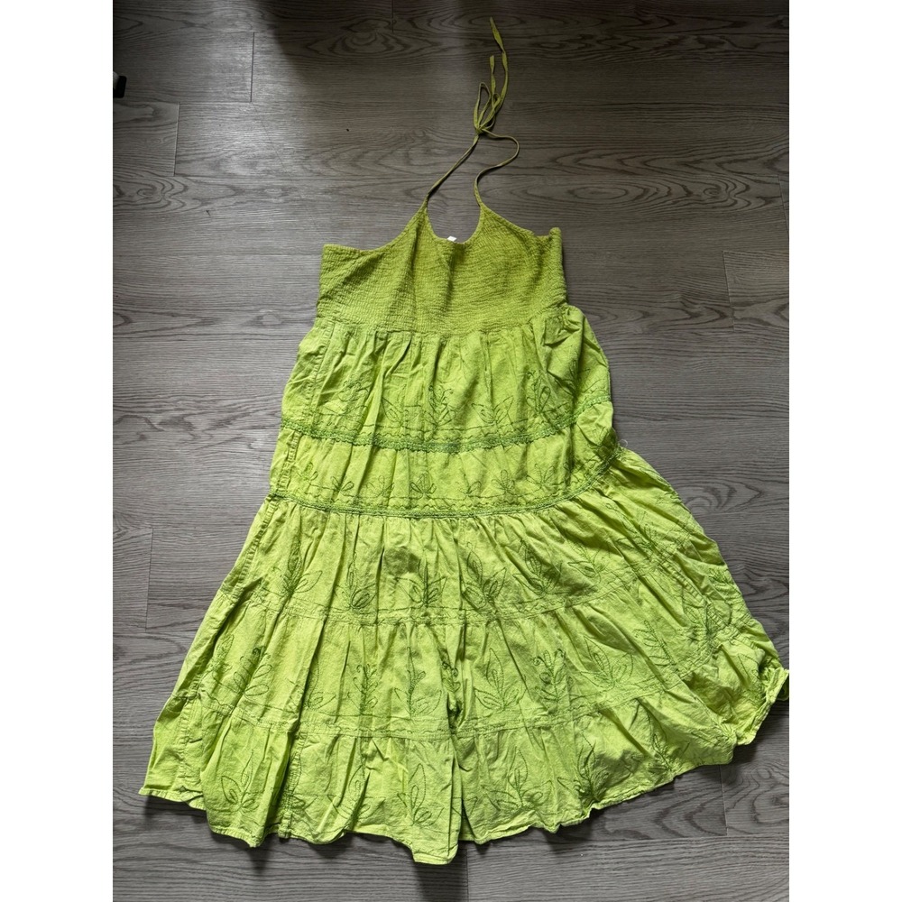 Ocean Breeze Lime Green Cotton Halter Maxi Dress Smocked Embroidered Tiered M